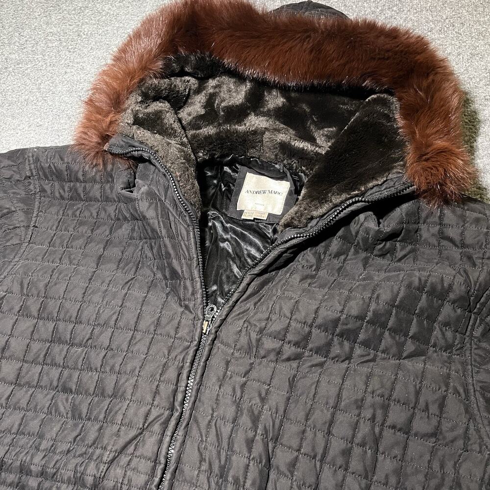 Vintage Andrew Marc Jacket Womens Large Petite PL Black Quilted Faux Fox Fur